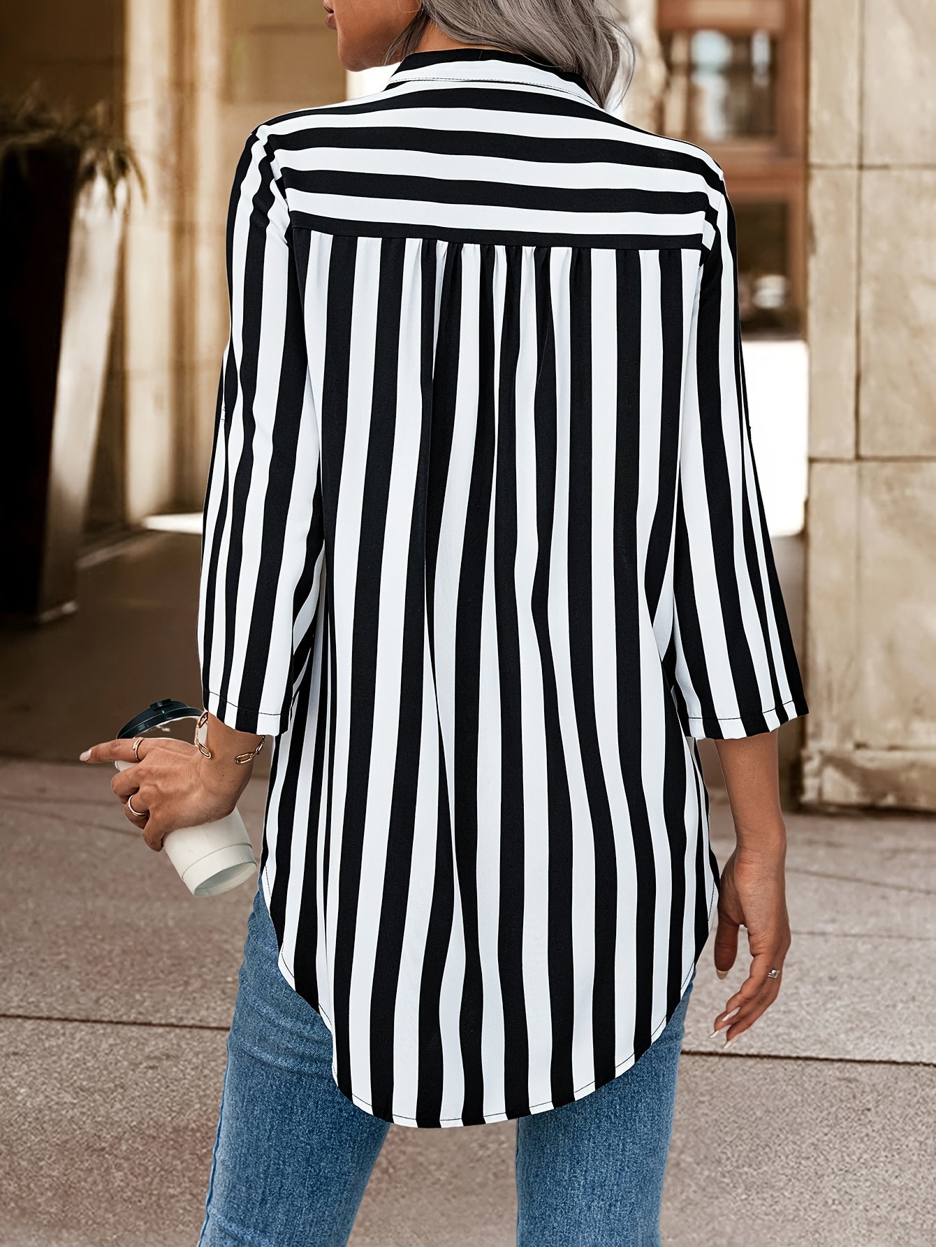 Striped Notch Neck Loose Blouse, Casual Roll-Up Sleeve Blouse for Spring & Fall, Women's Casual Tops